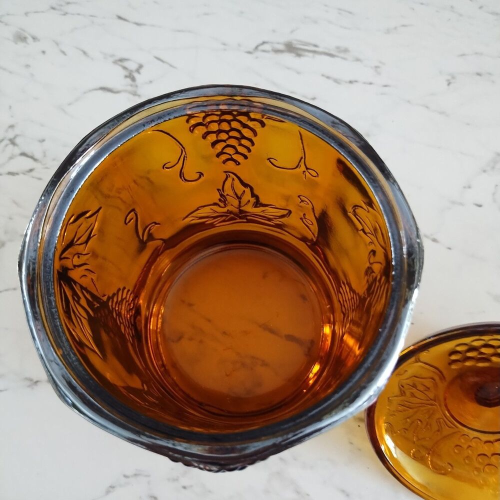 Vintage Indiana Glass Iridescent Marigold Carnival Harvest Grape Biscuit  Jar - Picture 6 of 12
